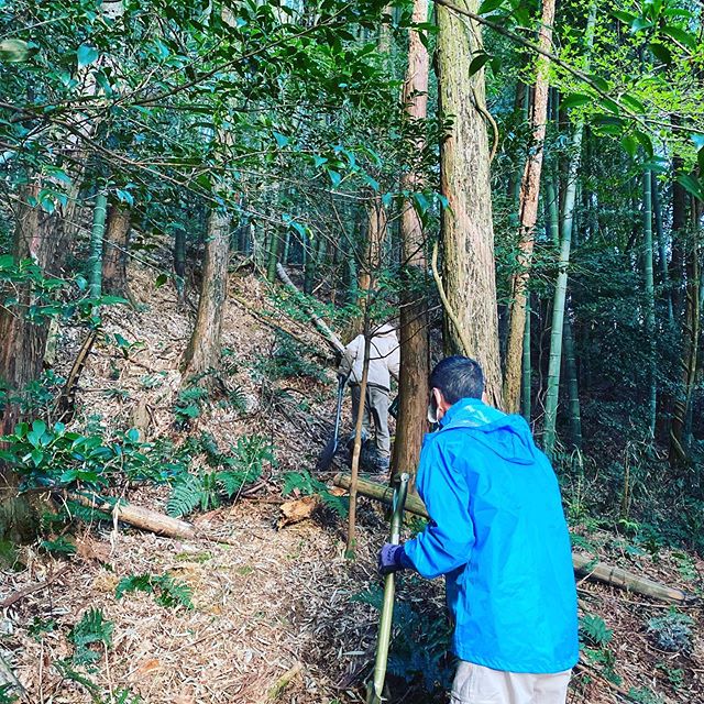 朝一取りタケノコ収穫に向かう様子  距離を保ち各々散らばって収穫します。元警察官で登山も平気な従業員さん。
